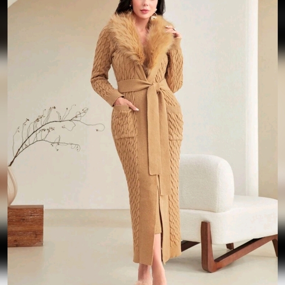 Solid Bodycon Sweater Dress & Fuzzy Trim Duster Cardigan 2 Piece Set - Picture 4 of 5